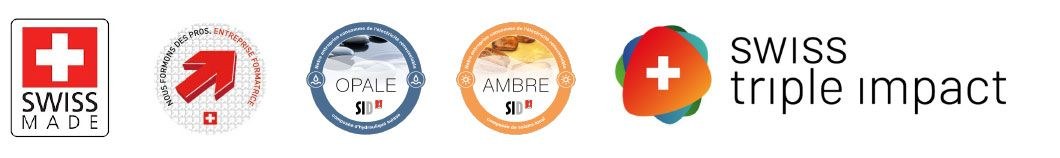Labels affichés par Steulet Microtechnique : Swiss Made, Opale, Ambre, Swiss Triple Impact